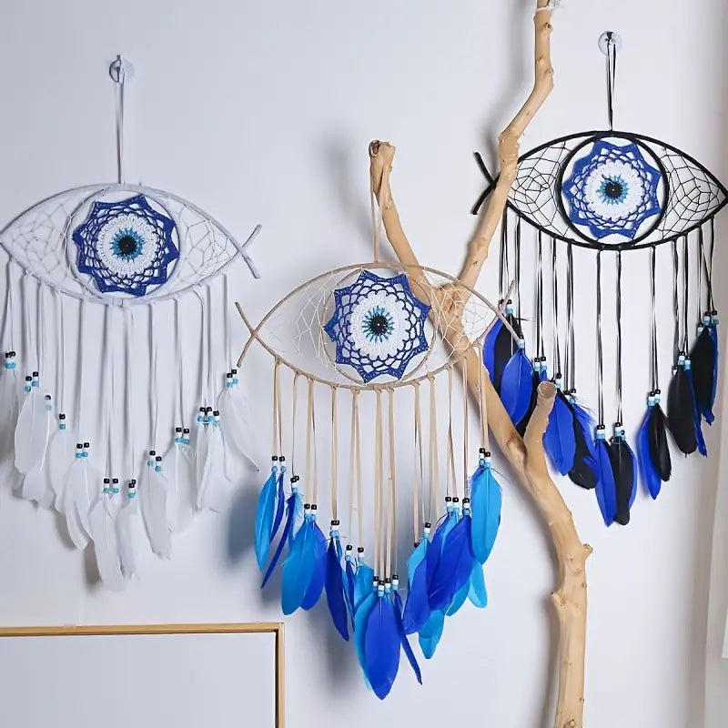 Handmade Dream Catcher with Evil Eye and Feathers