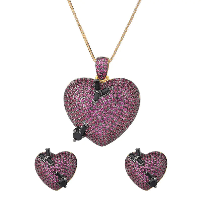 Heart-Shaped Zirconia Studs and Pendant Jewelry Set
