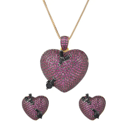 Heart-Shaped Zirconia Studs and Pendant Jewelry Set