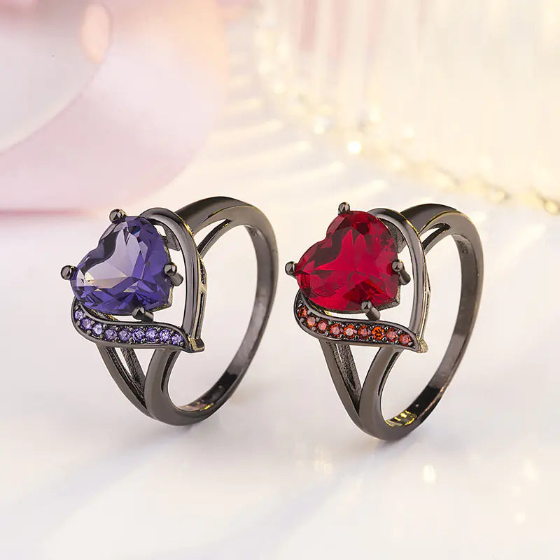 Large Black Gold Plated Heart-Shaped Zircon Ring - Mystic Edge