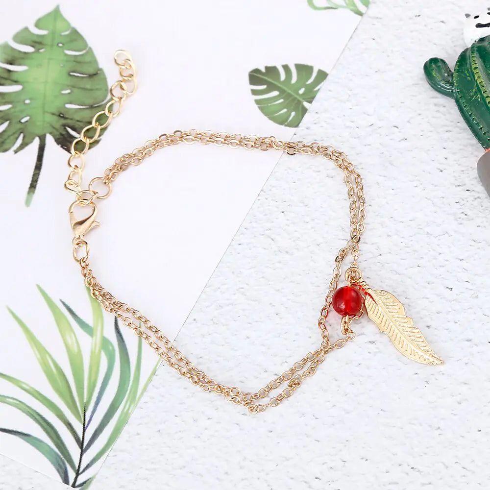 Crystal Bead Feather Anklet - Stylish Summer Accessory - Mystic Edge