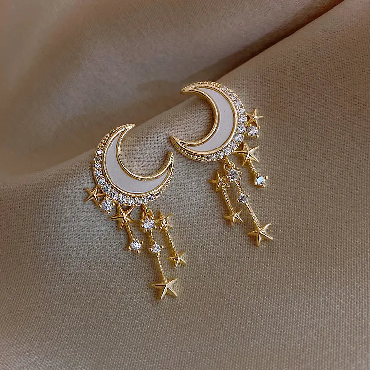S925 Silver Star and Moon Tassel Earrings (Custom Design) - Mystic Edge