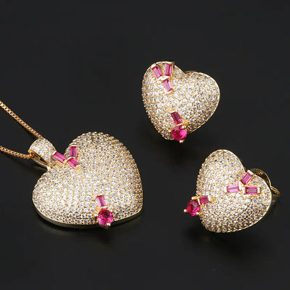Heart-Shaped Zirconia Studs and Pendant Jewelry Set