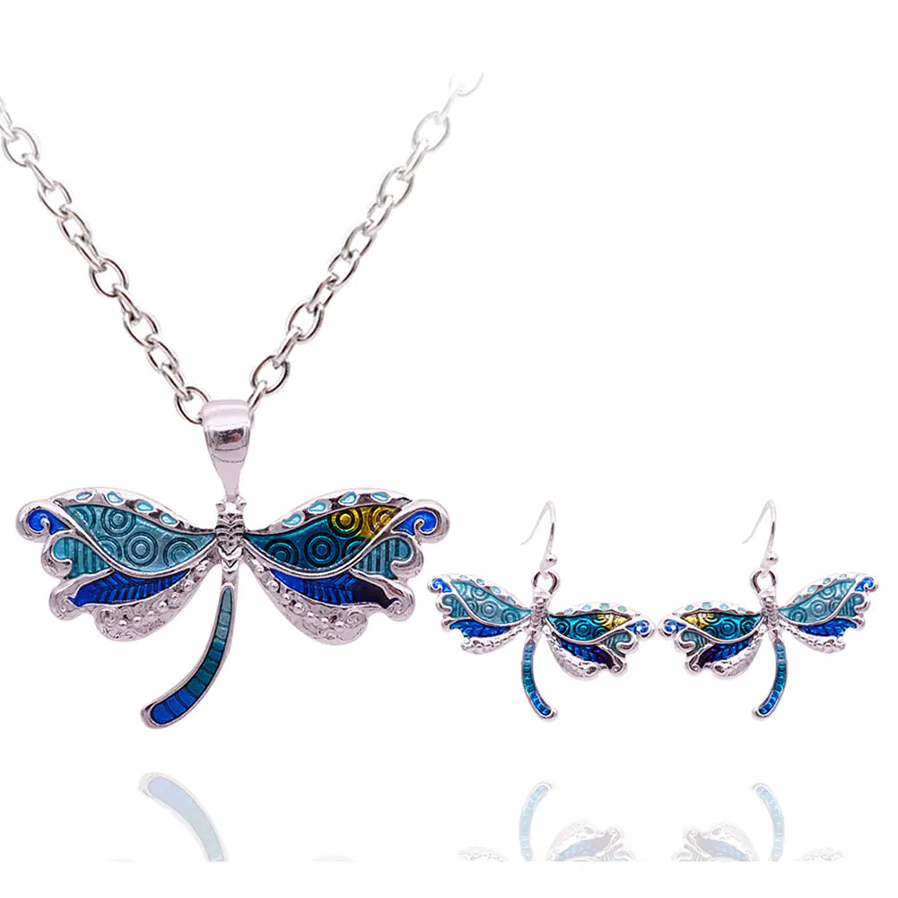 Colorful Dragonfly Earrings and Necklace Set, Stylish Jewelry
