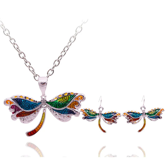Colorful Dragonfly Earrings and Necklace Set, Stylish Jewelry