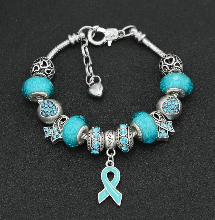 Breast Cancer Awareness Large Hole Bead Bracelet with Pendant Jewelry - Mystic Edge