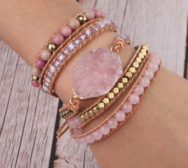 Natural Pink Quartz and Wood Stone Multi-Layer Bracelet - Mystic Edge