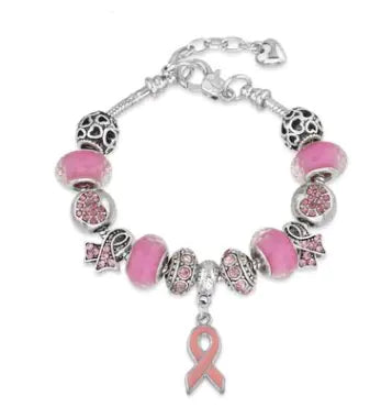 Breast Cancer Awareness Large Hole Bead Bracelet with Pendant Jewelry - Mystic Edge