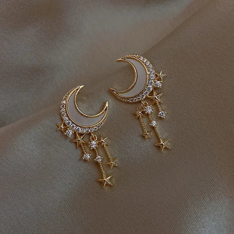 S925 Silver Star and Moon Tassel Earrings (Custom Design) - Mystic Edge