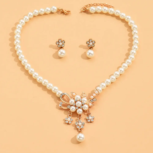 Rose Gold Pearl Flower Necklace and Earrings Set - Mystic Edge