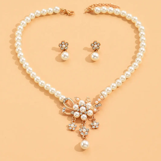 Rose Gold Pearl Flower Necklace and Earrings Set - Mystic Edge