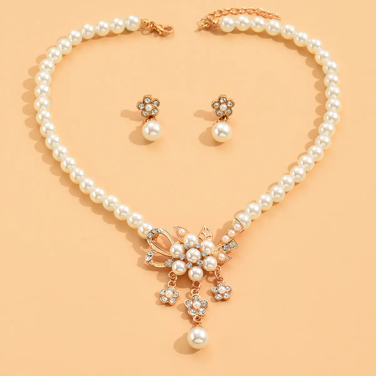 Rose Gold Pearl Flower Necklace and Earrings Set - Mystic Edge