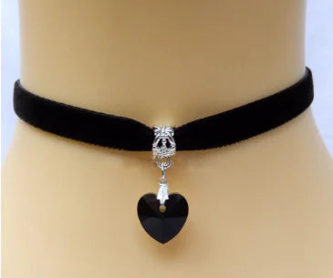 Heart Crystal Pendant with Black Lace Necklace - Mystic Edge
