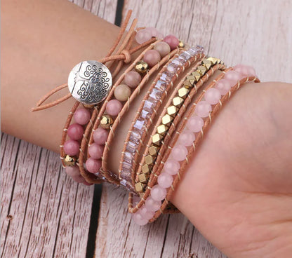 Natural Pink Quartz and Wood Stone Multi-Layer Bracelet - Mystic Edge
