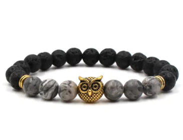 8mm Natural Black Lava Stone Owl Bracelet - Mystic Edge