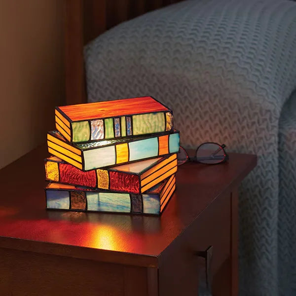 Stained Glass Stacked Books Lamp - Resin Craft Table Light - Mystic Edge