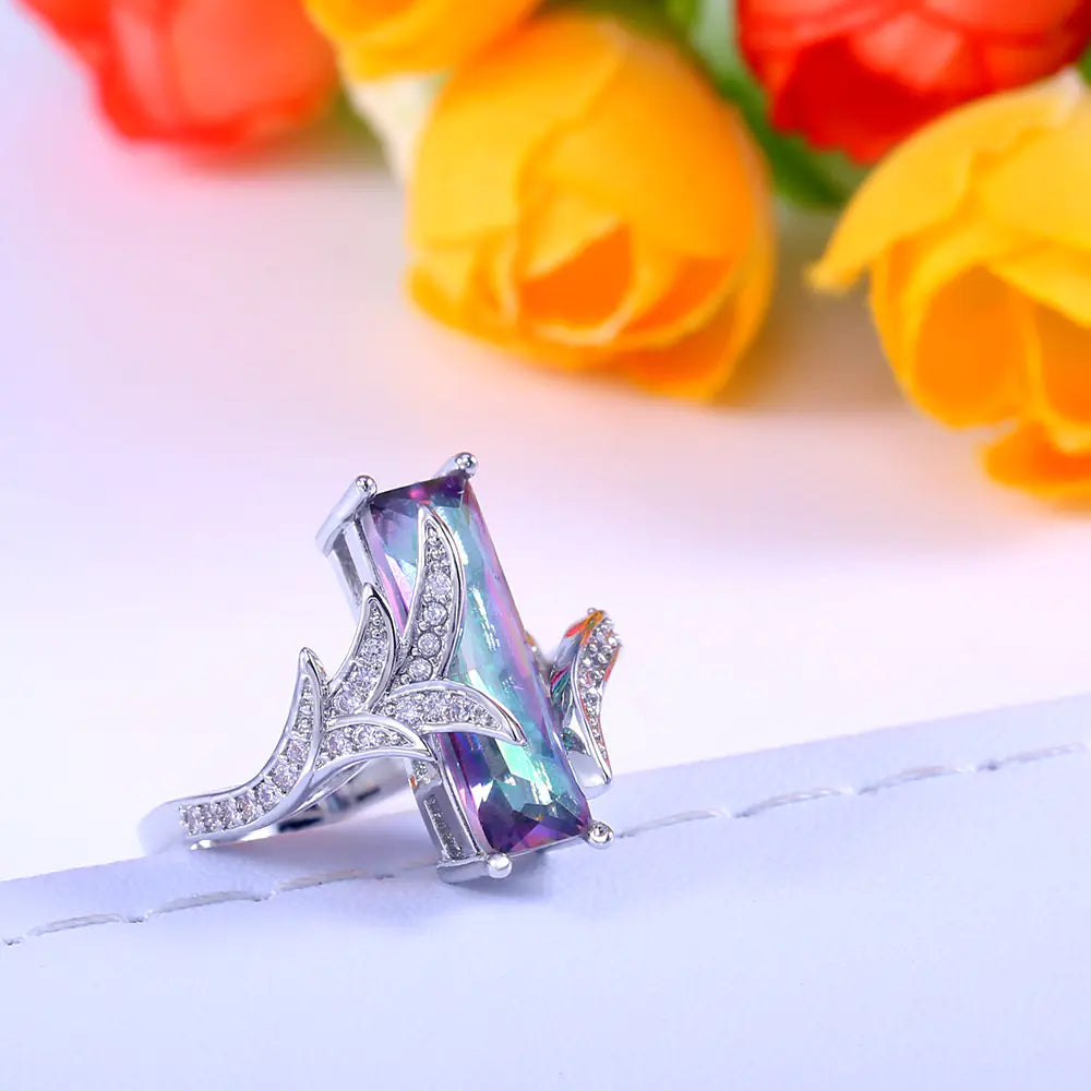 Rainbow Topaz Square Ring with Gemstone Inlay - Mystic Edge