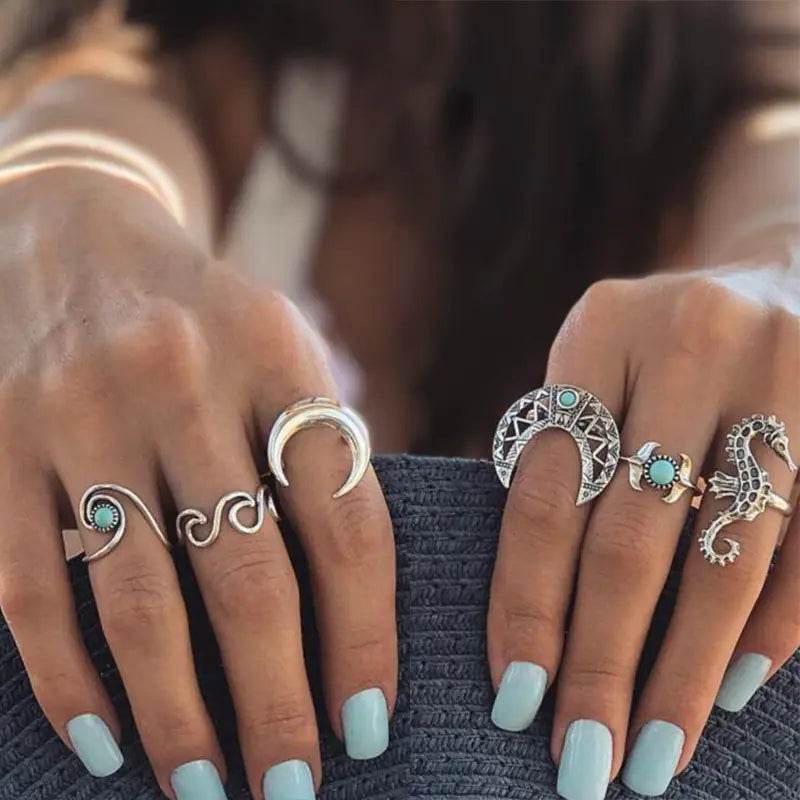 Bohemian Vintage Ring Set with Metal and Crystals