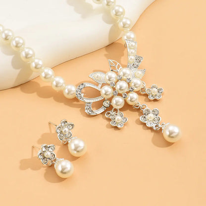 Rose Gold Pearl Flower Necklace and Earrings Set - Mystic Edge
