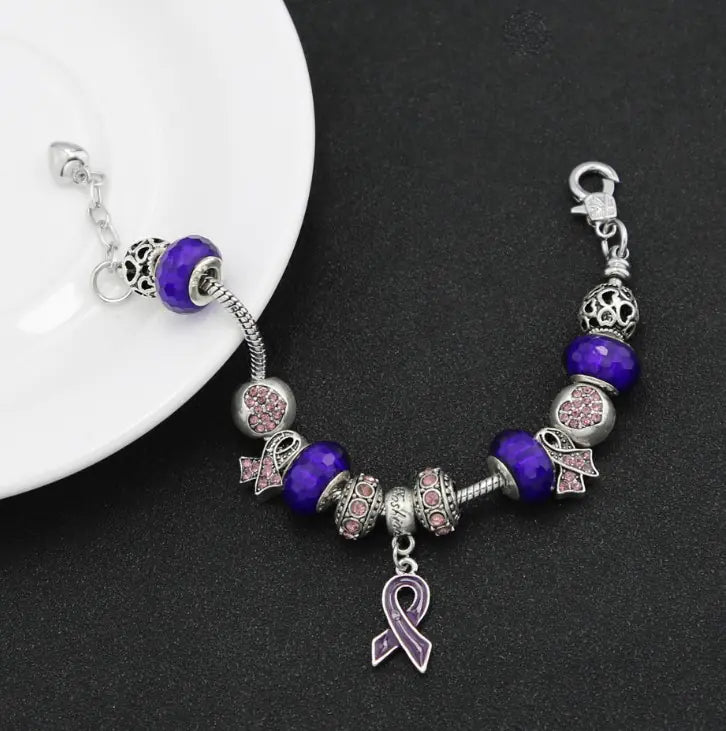 Breast Cancer Awareness Large Hole Bead Bracelet with Pendant Jewelry - Mystic Edge