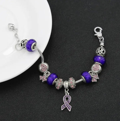 Breast Cancer Awareness Large Hole Bead Bracelet with Pendant Jewelry - Mystic Edge