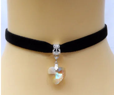 Heart Crystal Pendant with Black Lace Necklace - Mystic Edge