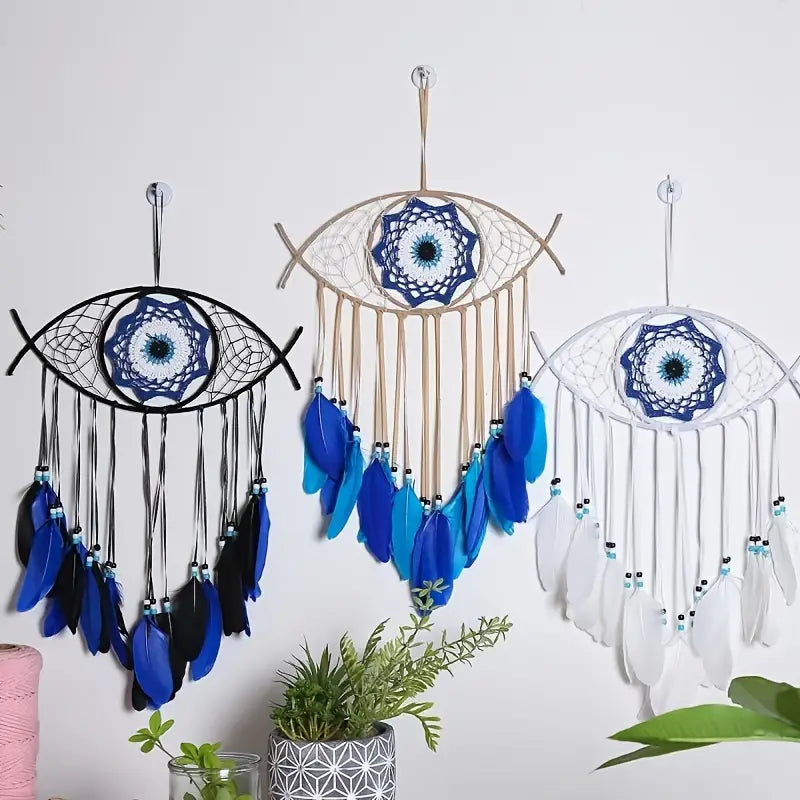 Handmade Dream Catcher with Evil Eye and Feathers