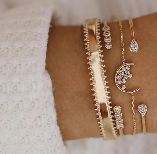 Moon Open Bangle with Diamond Teardrop (4-Piece Set) - Mystic Edge