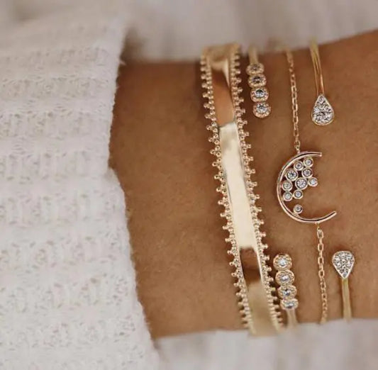 Moon Open Bangle with Diamond Teardrop (4-Piece Set) - Mystic Edge