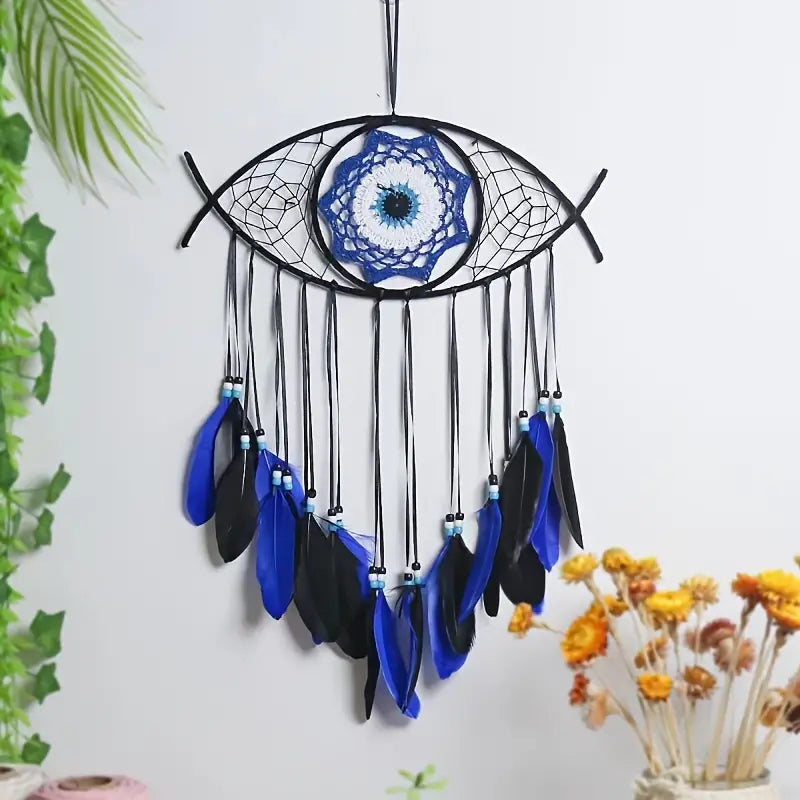 Handmade Dream Catcher with Evil Eye and Feathers