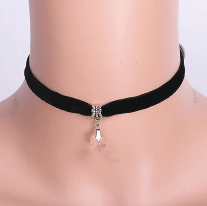 Heart Crystal Pendant with Black Lace Necklace - Mystic Edge