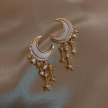 S925 Silver Star and Moon Tassel Earrings (Custom Design) - Mystic Edge