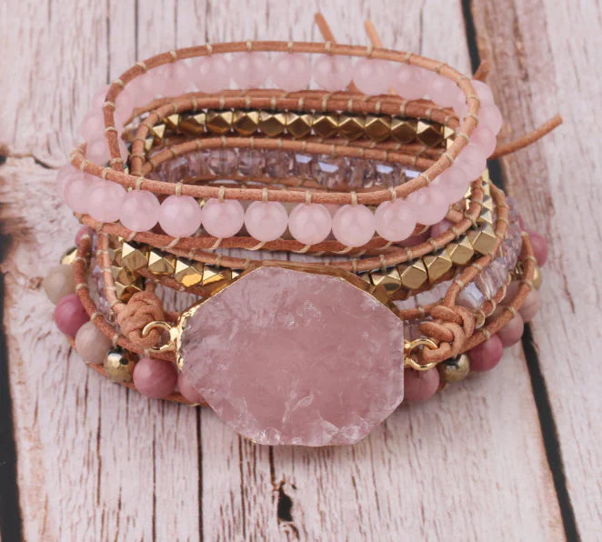 Natural Pink Quartz and Wood Stone Multi-Layer Bracelet - Mystic Edge