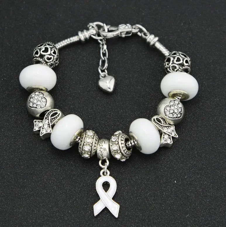 Breast Cancer Awareness Large Hole Bead Bracelet with Pendant Jewelry - Mystic Edge