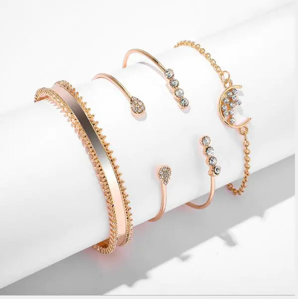 Moon Open Bangle with Diamond Teardrop (4-Piece Set) - Mystic Edge