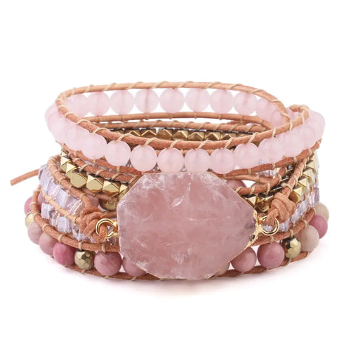 Natural Pink Quartz and Wood Stone Multi-Layer Bracelet - Mystic Edge