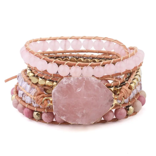 Natural Pink Quartz and Wood Stone Multi-Layer Bracelet - Mystic Edge