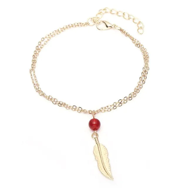 Crystal Bead Feather Anklet - Stylish Summer Accessory - Mystic Edge