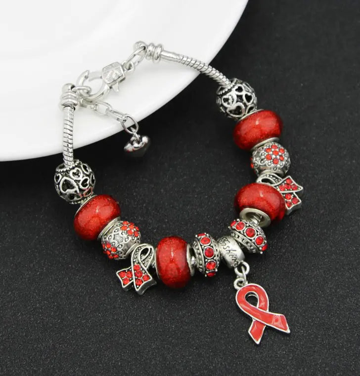 Breast Cancer Awareness Large Hole Bead Bracelet with Pendant Jewelry - Mystic Edge