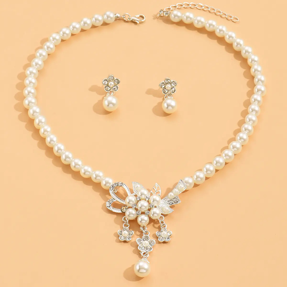 Rose Gold Pearl Flower Necklace and Earrings Set - Mystic Edge