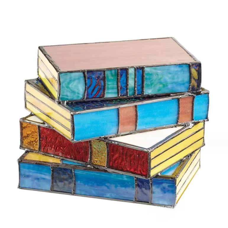 Stained Glass Stacked Books Lamp - Resin Craft Table Light - Mystic Edge